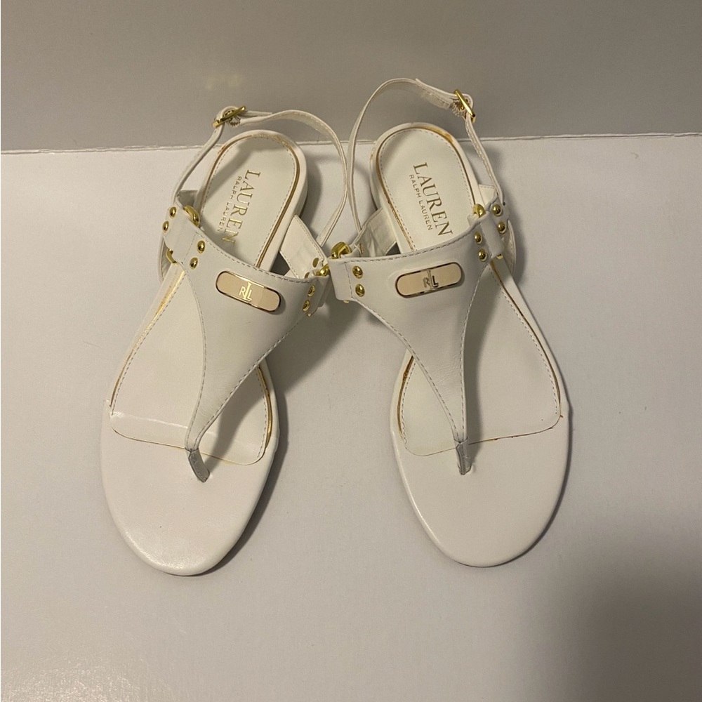 Lauren Ralph Lauren White Sandals T-Strap Flat Leather White New Size 7.5